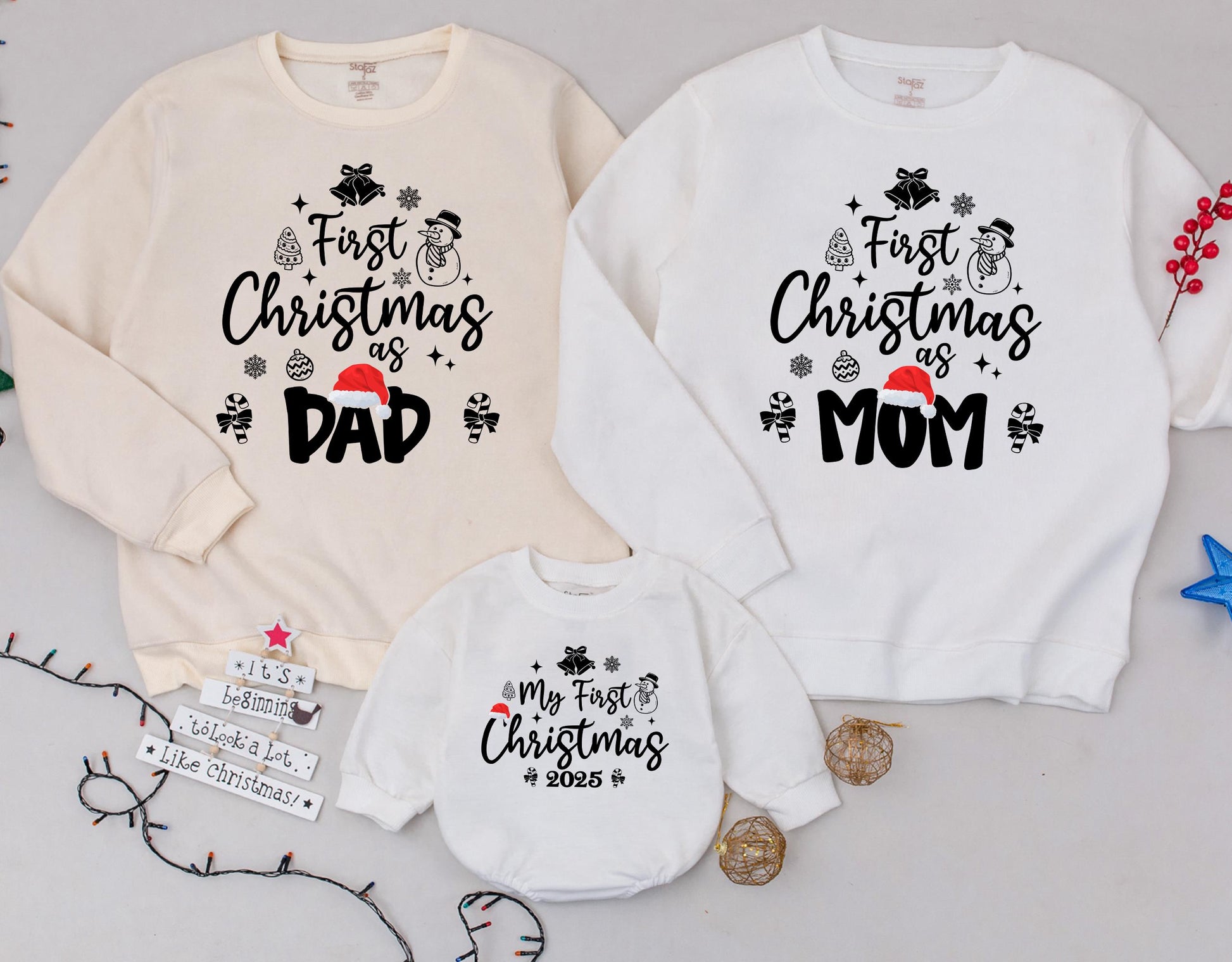First Christmas As Family Matching Sweatshirts Red Santa Hat 2025 Merry Mama Dad Mom Baby Romper