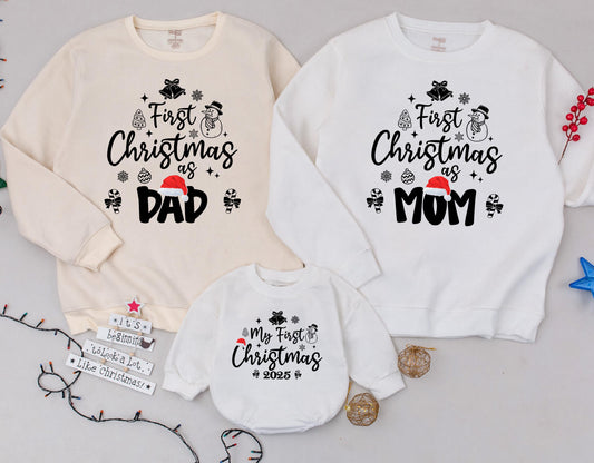 First Christmas As Family Matching Sweatshirts Red Santa Hat 2025 Merry Mama Dad Mom Baby Romper