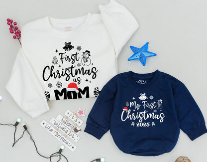 First Christmas As Family Matching Sweatshirts Red Santa Hat 2025 Merry Mama Dad Mom Baby Romper