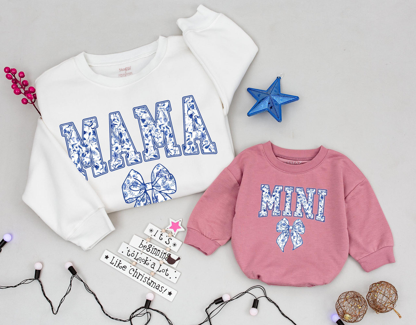 Chinoiserie Mama and Mini Matching Sweatshirts, Blue Floral Bow Design, Mommy and Me Family Outfits, New Mom Baby Girl Gift, Soft Toddler Clothes