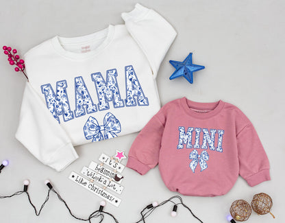 Chinoiserie Mama and Mini Matching Sweatshirts, Blue Floral Bow Design, Mommy and Me Family Outfits, New Mom Baby Girl Gift, Soft Toddler Clothes
