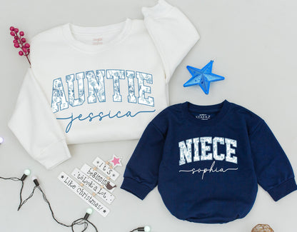 Blue Floral Auntie & Niece Matching Sweaters Set, Vintage Style Baby Romper, Custom Name Family Outfits, Cute Toddler Gift, Chinoiserie Jessica Sophia (139)