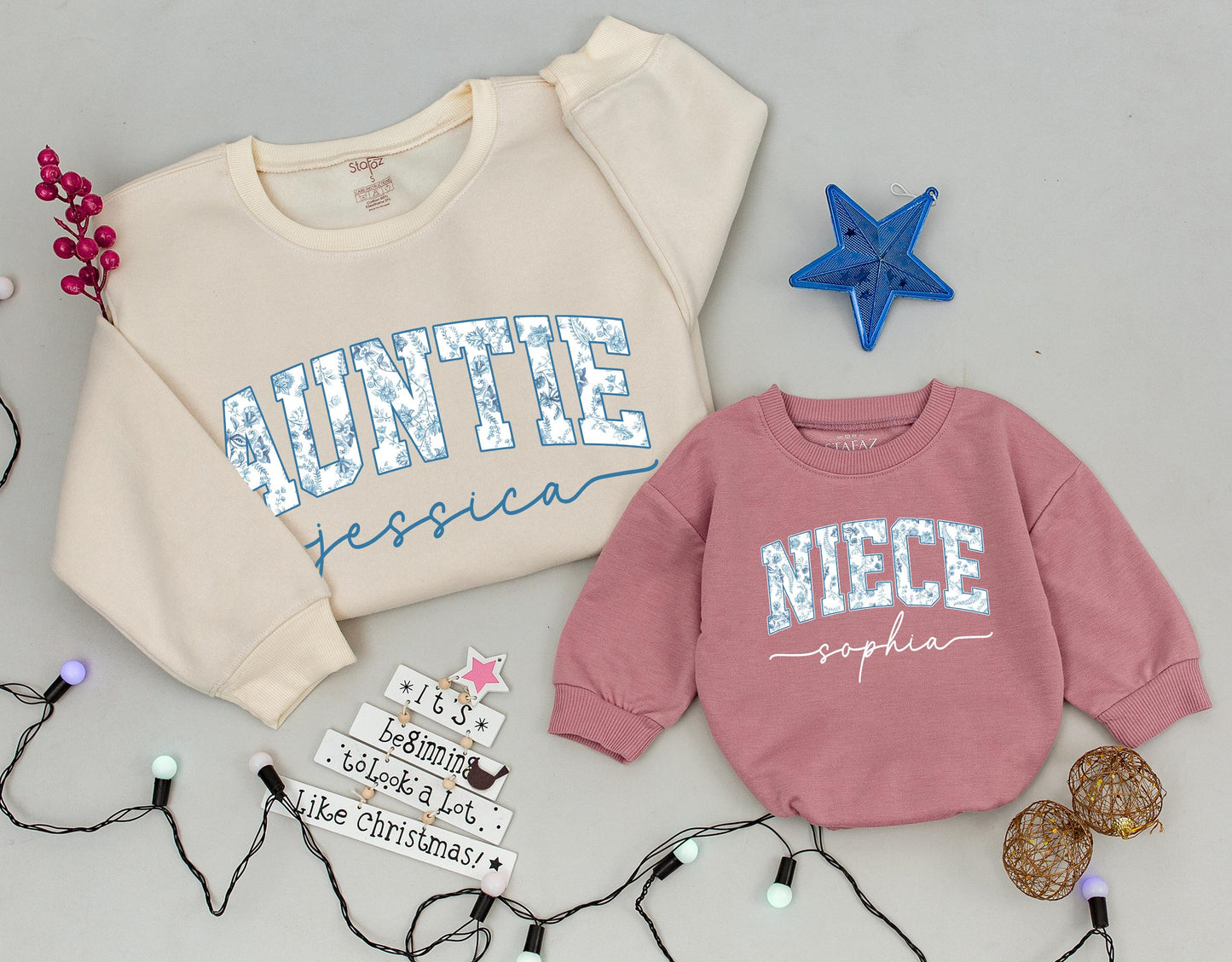 Blue Floral Auntie & Niece Matching Sweaters Set, Vintage Style Baby Romper, Custom Name Family Outfits, Cute Toddler Gift, Chinoiserie Jessica Sophia (139)