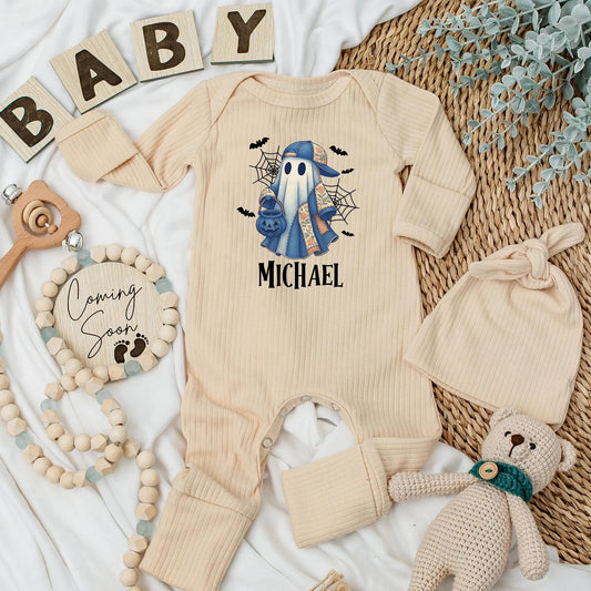Personalized Michael Ghost Halloween Baby Bodysuit Vintage Blue Cap Boo Romper Spooky Baby Shower Gift Coming Home Outfit Cotton Comfort
