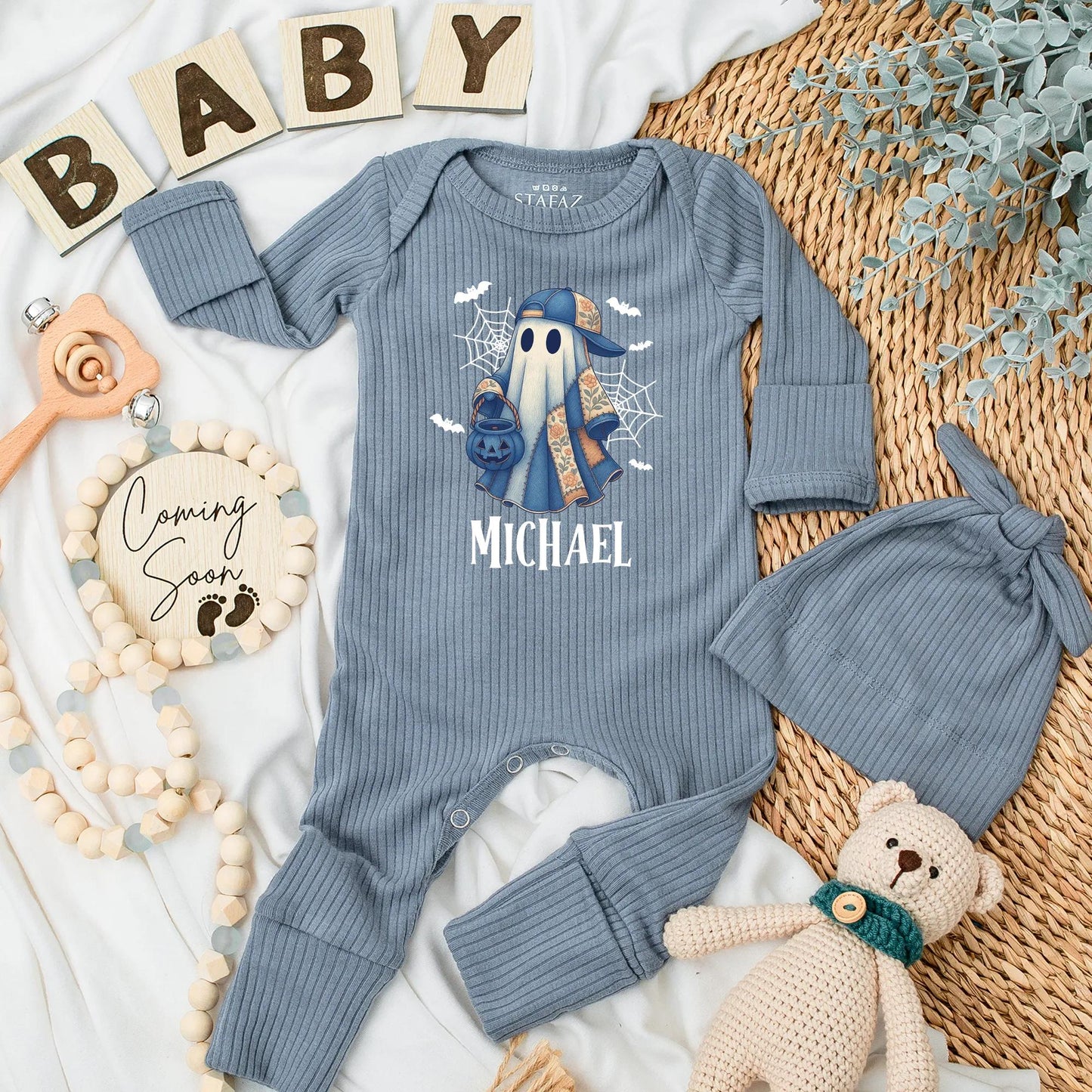 Personalized Michael Ghost Halloween Baby Bodysuit Vintage Blue Cap Boo Romper Spooky Baby Shower Gift Coming Home Outfit Cotton Comfort