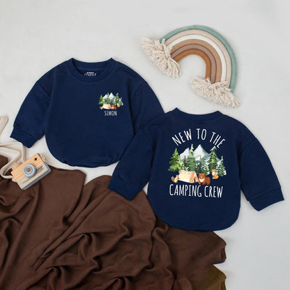 Personalized 'New to the Camping Crew' Baby Romper, Custom Boy Summer Outfit with Trees, Tent & Animals, Baby's First Camping Trip Gift