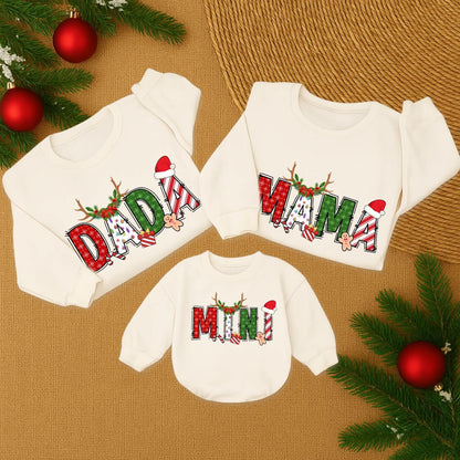 Custom Name Family Christmas Sweatshirt with Festive Designs: Red Snowflakes, Green Shapes, & Stripes! Matching Family Christmas Sweaters