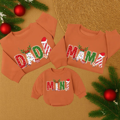 Custom Name Family Christmas Sweatshirt with Festive Designs: Red Snowflakes, Green Shapes, & Stripes! Matching Family Christmas Sweaters