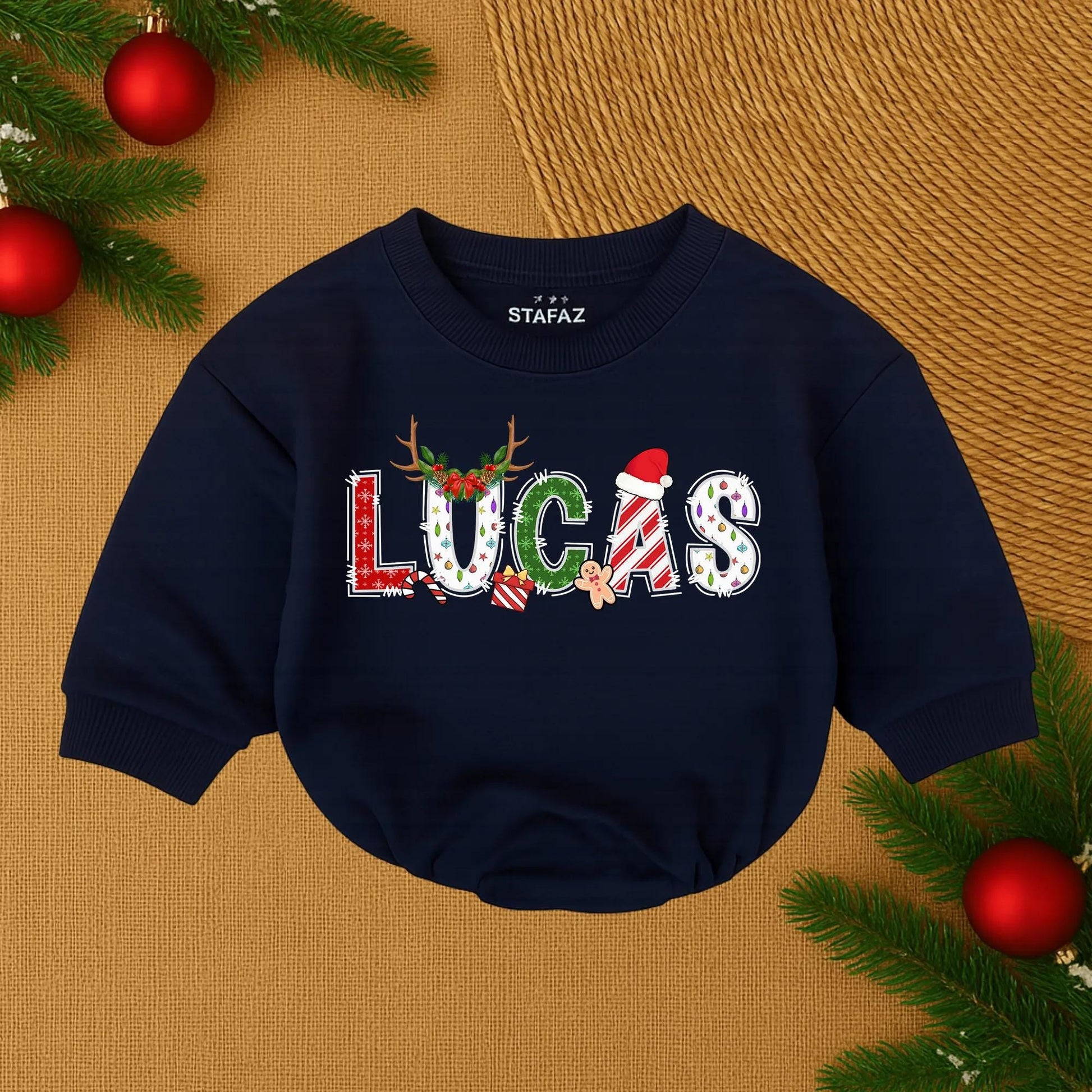 Lucas' 1st Christmas Romper: Festive Baby's First Christmas Outfit, Holiday Name Design Newborn Romper, Candy Cane, Gingerbread Man, Reindeer Antlers, Cozy
