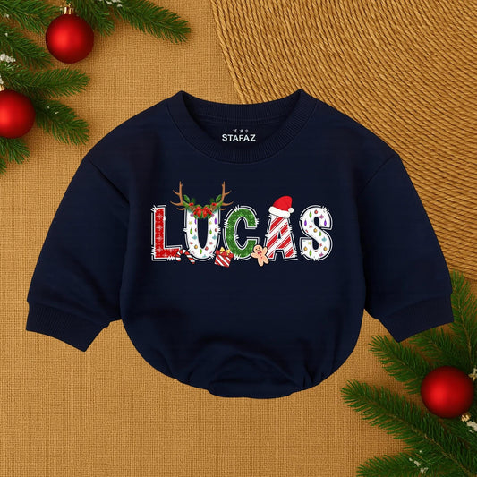 Lucas' 1st Christmas Romper: Festive Baby's First Christmas Outfit, Holiday Name Design Newborn Romper, Candy Cane, Gingerbread Man, Reindeer Antlers, Cozy