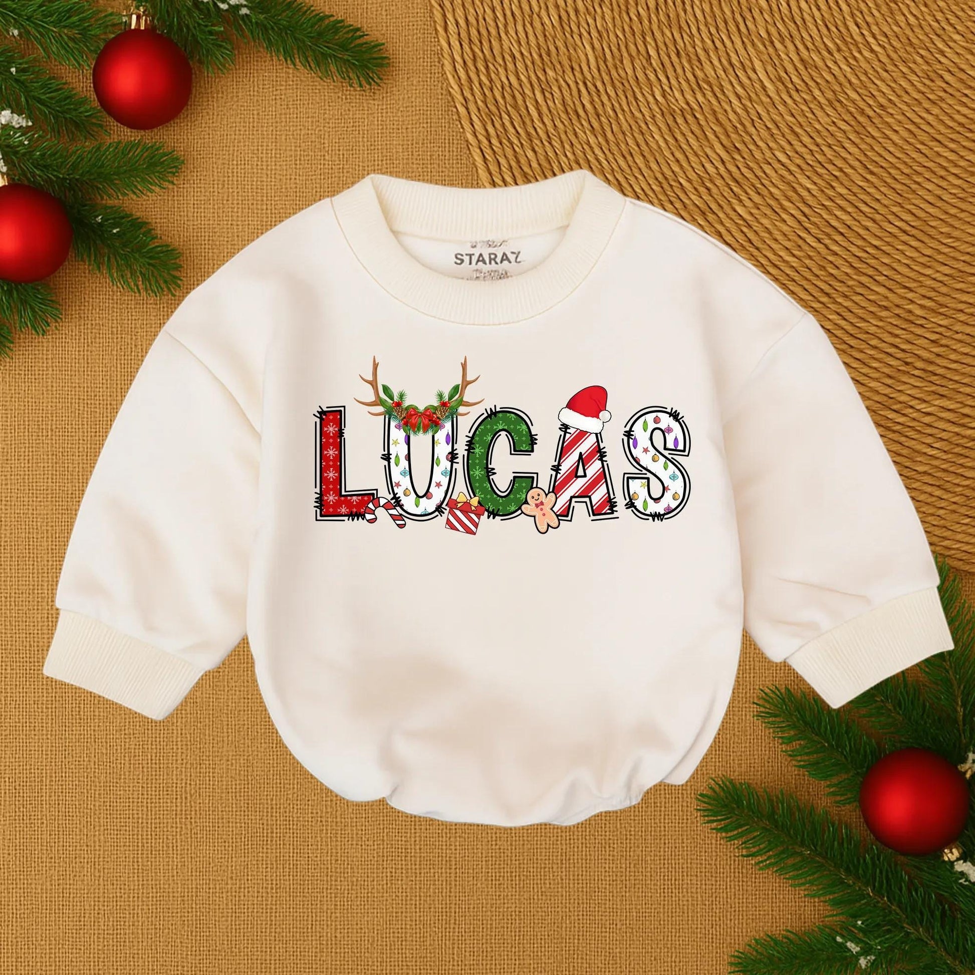 Lucas' 1st Christmas Romper: Festive Baby's First Christmas Outfit, Holiday Name Design Newborn Romper, Candy Cane, Gingerbread Man, Reindeer Antlers, Cozy