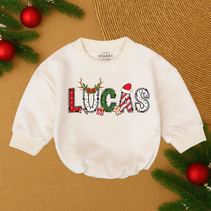 Lucas' 1st Christmas Romper: Festive Baby's First Christmas Outfit, Holiday Name Design Newborn Romper, Candy Cane, Gingerbread Man, Reindeer Antlers, Cozy