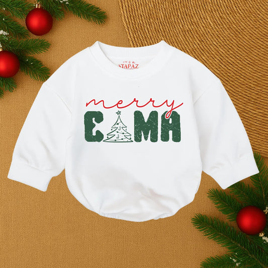 Merry CAMA Christmas Baby Romper with Tree Design Festive Newborn Outfit, Baby Bubble Romper, First Christmas, Cozy Outfit Gift