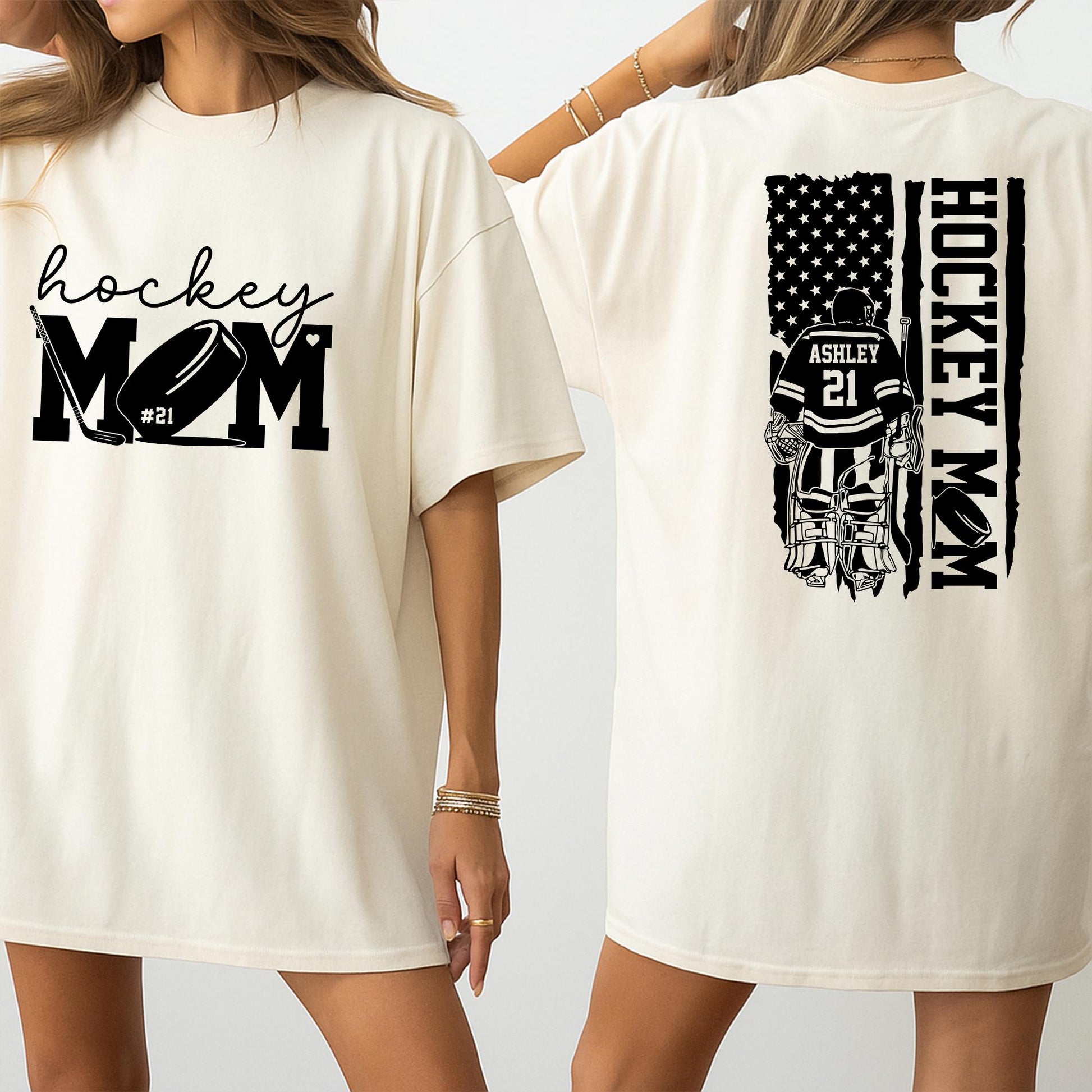 Custom Hockey Mom Shirt with Ashley 21 Name and Number, Bold Script Hockey MOM Puck Design & Flag Goalie Uniform for Sports Fan