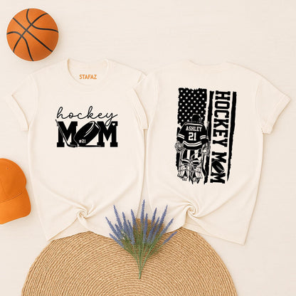 Custom Hockey Mom Shirt with Ashley 21 Name and Number, Bold Script Hockey MOM Puck Design & Flag Goalie Uniform for Sports Fan