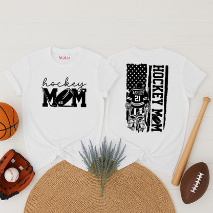 Custom Hockey Mom Shirt with Ashley 21 Name and Number, Bold Script Hockey MOM Puck Design & Flag Goalie Uniform for Sports Fan