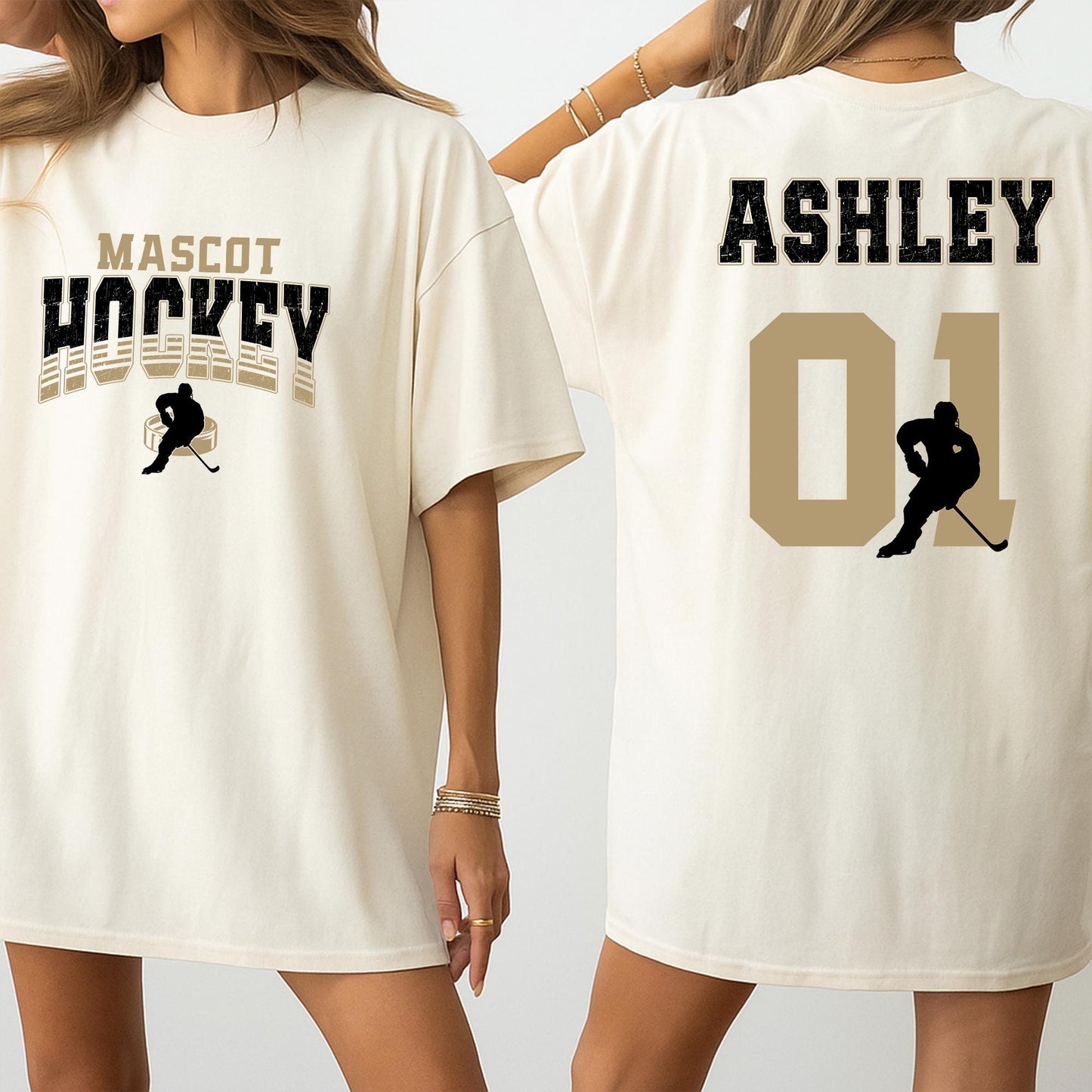 Personalized Hockey Mom Sweatshirt: Custom Team Name & Number, Varsity Style, Game Day Apparel, Ashley 01, Hockey Player Silhouette Design, Gold Graphics