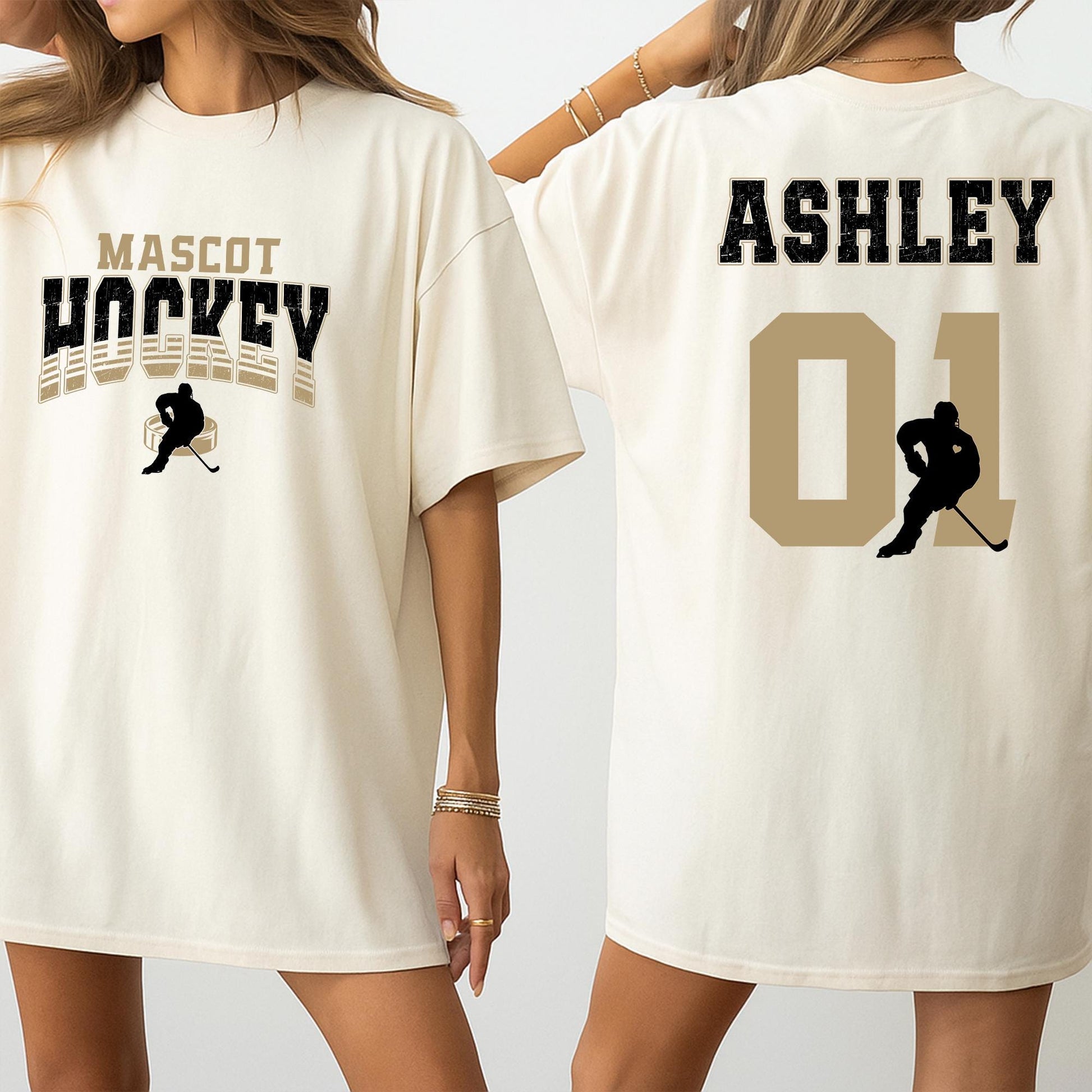 Personalized Hockey Mom Sweatshirt: Custom Team Name & Number, Varsity Style, Game Day Apparel, Ashley 01, Hockey Player Silhouette Design, Gold Graphics
