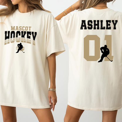 Personalized Hockey Mom Sweatshirt: Custom Team Name & Number, Varsity Style, Game Day Apparel, Ashley 01, Hockey Player Silhouette Design, Gold Graphics