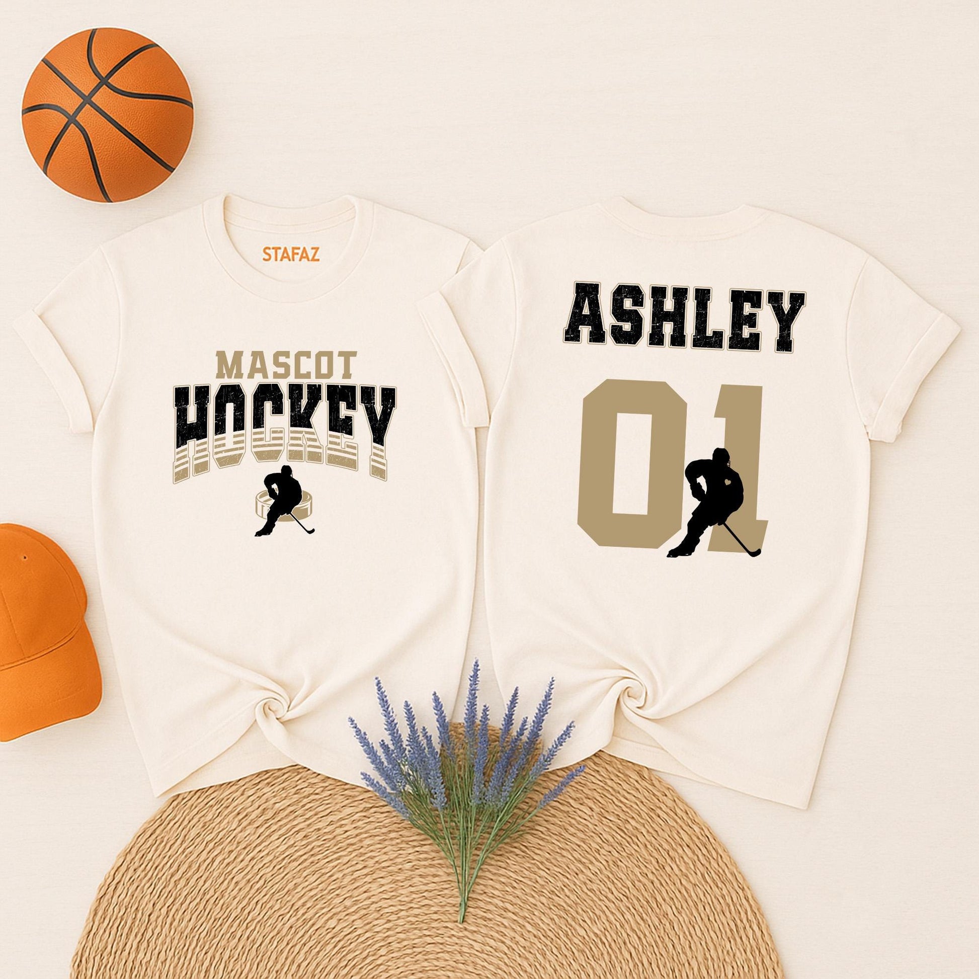 Personalized Hockey Mom Sweatshirt: Custom Team Name & Number, Varsity Style, Game Day Apparel, Ashley 01, Hockey Player Silhouette Design, Gold Graphics