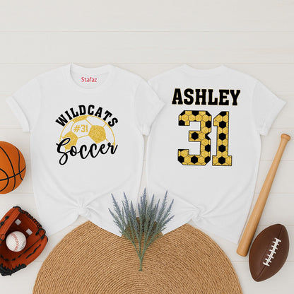 Custom Glitter Hexagon Soccer Player Shirt Wildcats #31 Script Name Personalized Game Day Spirit Outfit Ashley