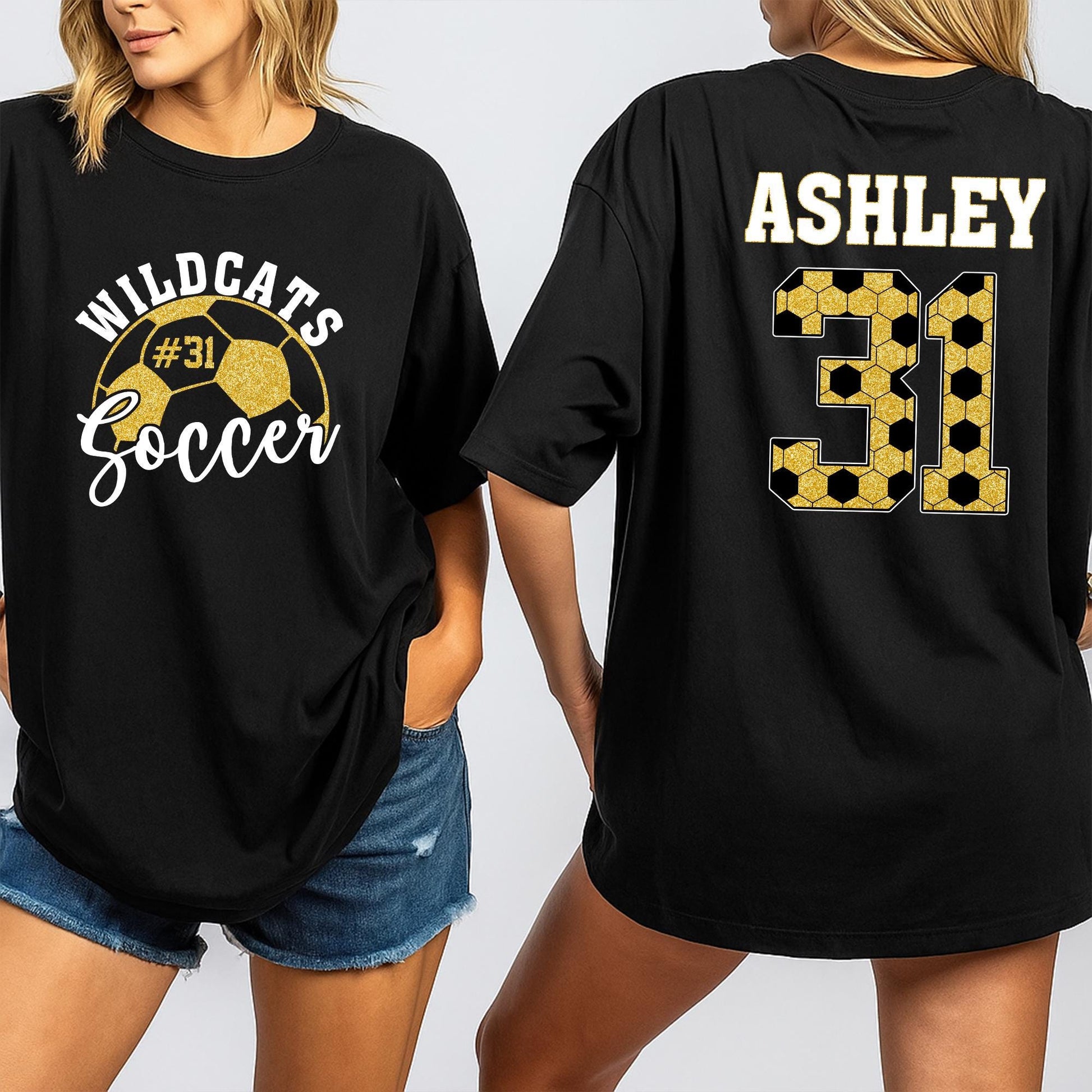 Custom Glitter Hexagon Soccer Player Shirt Wildcats #31 Script Name Personalized Game Day Spirit Outfit Ashley