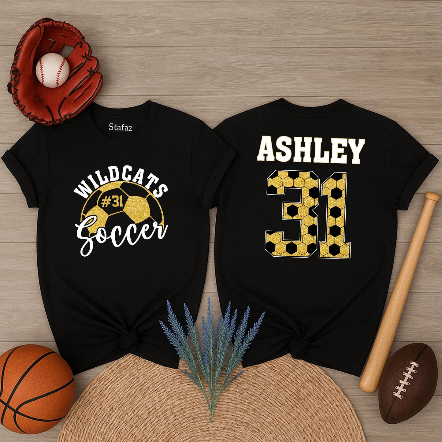 Custom Glitter Hexagon Soccer Player Shirt Wildcats #31 Script Name Personalized Game Day Spirit Outfit Ashley