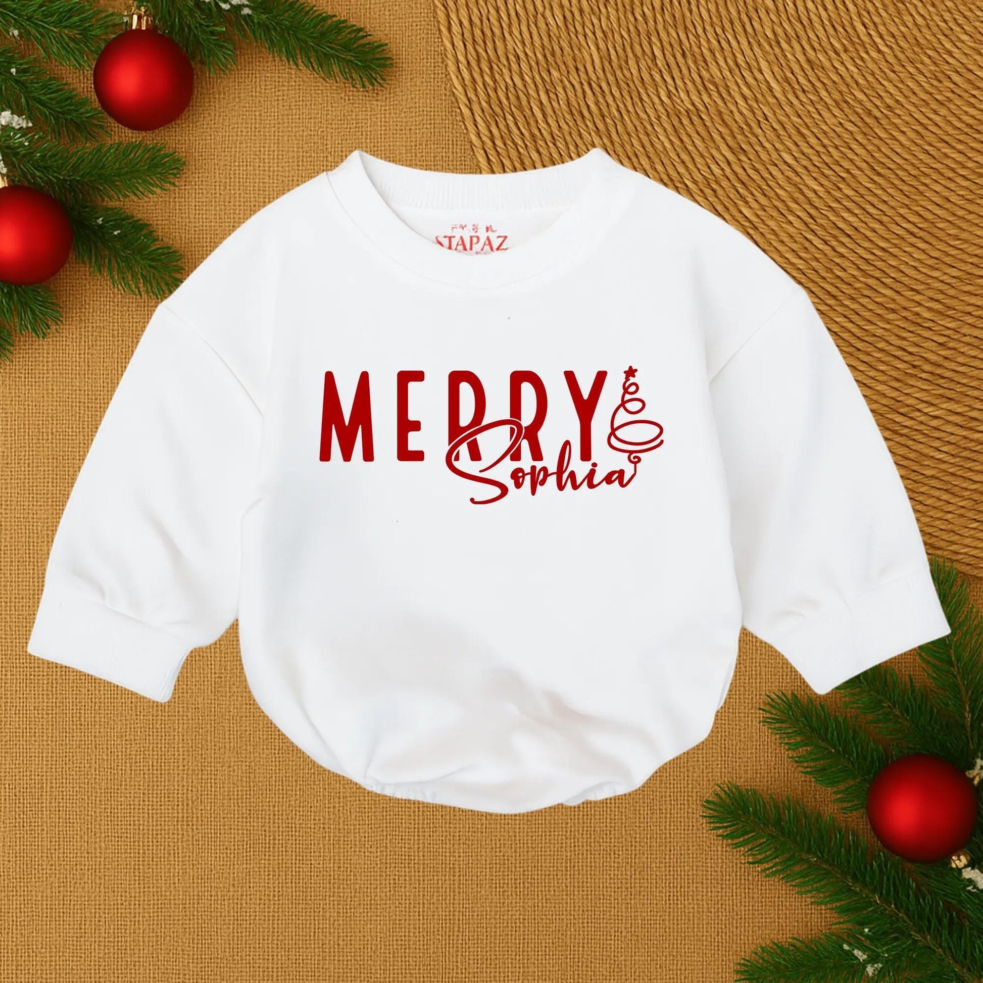 Custom Merry Sophia Christmas Baby Romper, First Christmas Outfit, Personalized Holiday Baby Bubble, Santa Baby Clothes