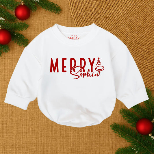 Custom Merry Sophia Christmas Baby Romper, First Christmas Outfit, Personalized Holiday Baby Bubble, Santa Baby Clothes