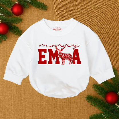 Merry Christmas Baby Romper Red Collegiate Letters Reindeer Silhouette Custom Infant First Christmas Outfit Cozy Holiday Gift