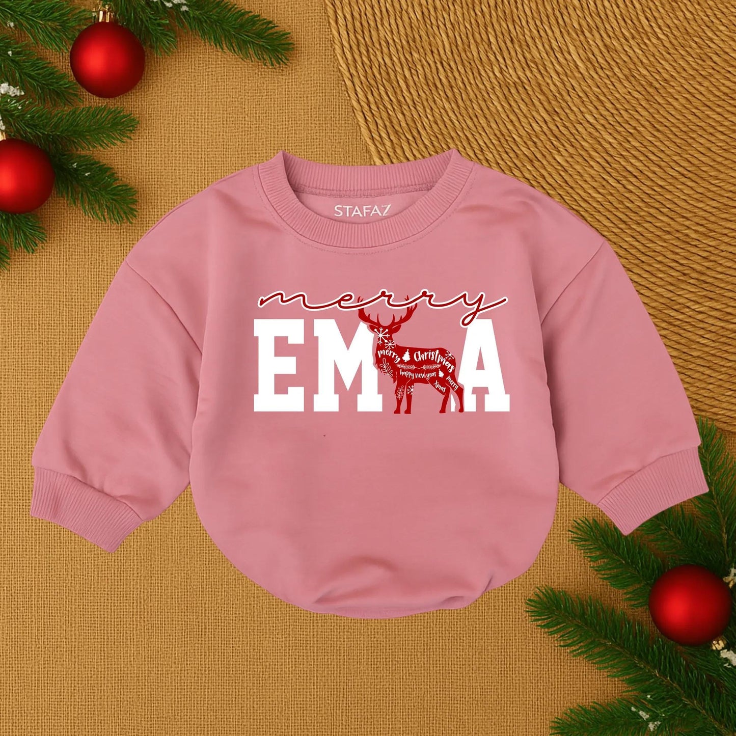 Merry Christmas Baby Romper Red Collegiate Letters Reindeer Silhouette Custom Infant First Christmas Outfit Cozy Holiday Gift