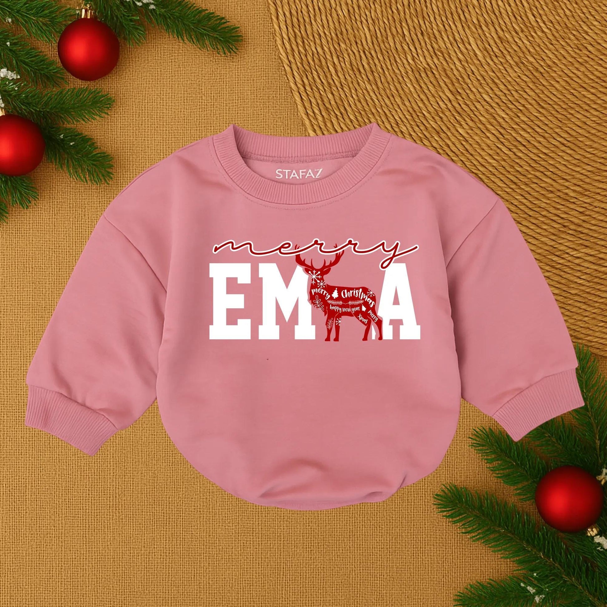 Merry Christmas Baby Romper Red Collegiate Letters Reindeer Silhouette Custom Infant First Christmas Outfit Cozy Holiday Gift