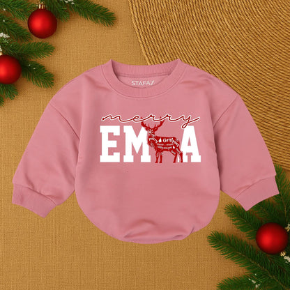 Merry Christmas Baby Romper Red Collegiate Letters Reindeer Silhouette Custom Infant First Christmas Outfit Cozy Holiday Gift