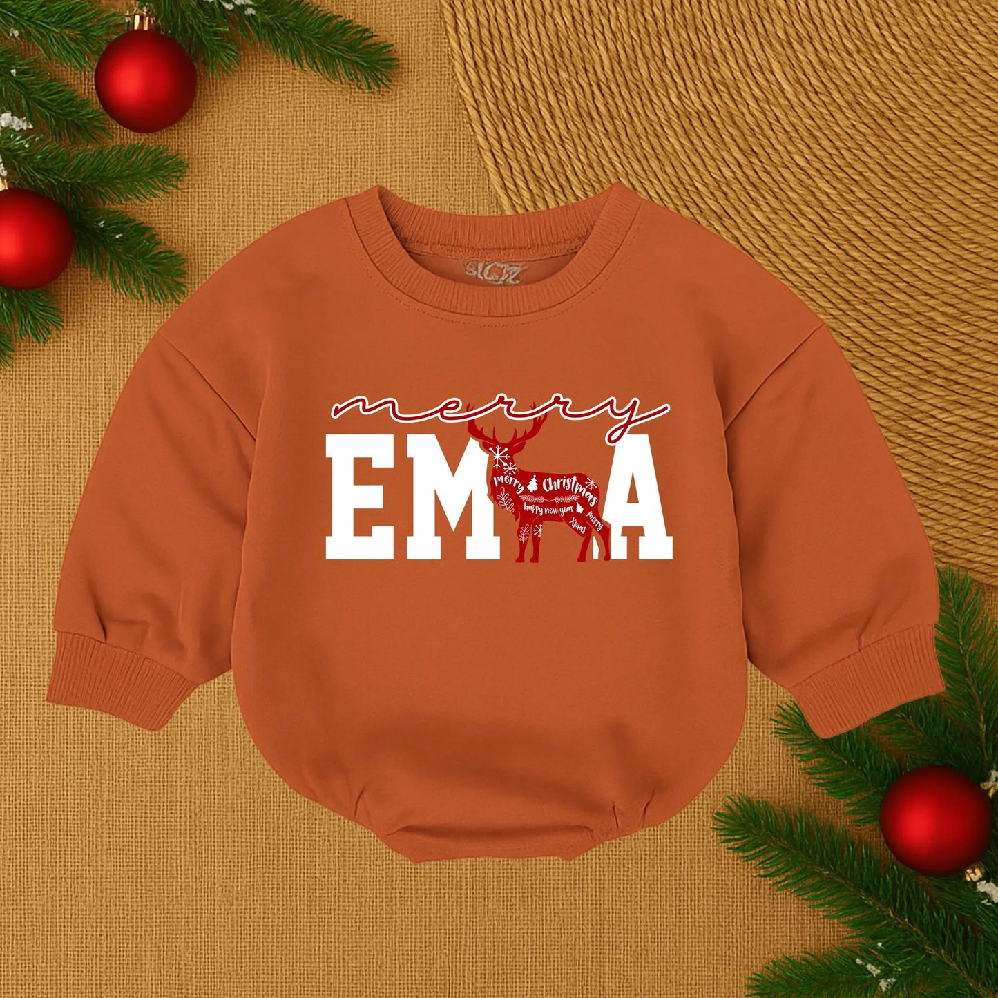 Merry Christmas Baby Romper Red Collegiate Letters Reindeer Silhouette Custom Infant First Christmas Outfit Cozy Holiday Gift