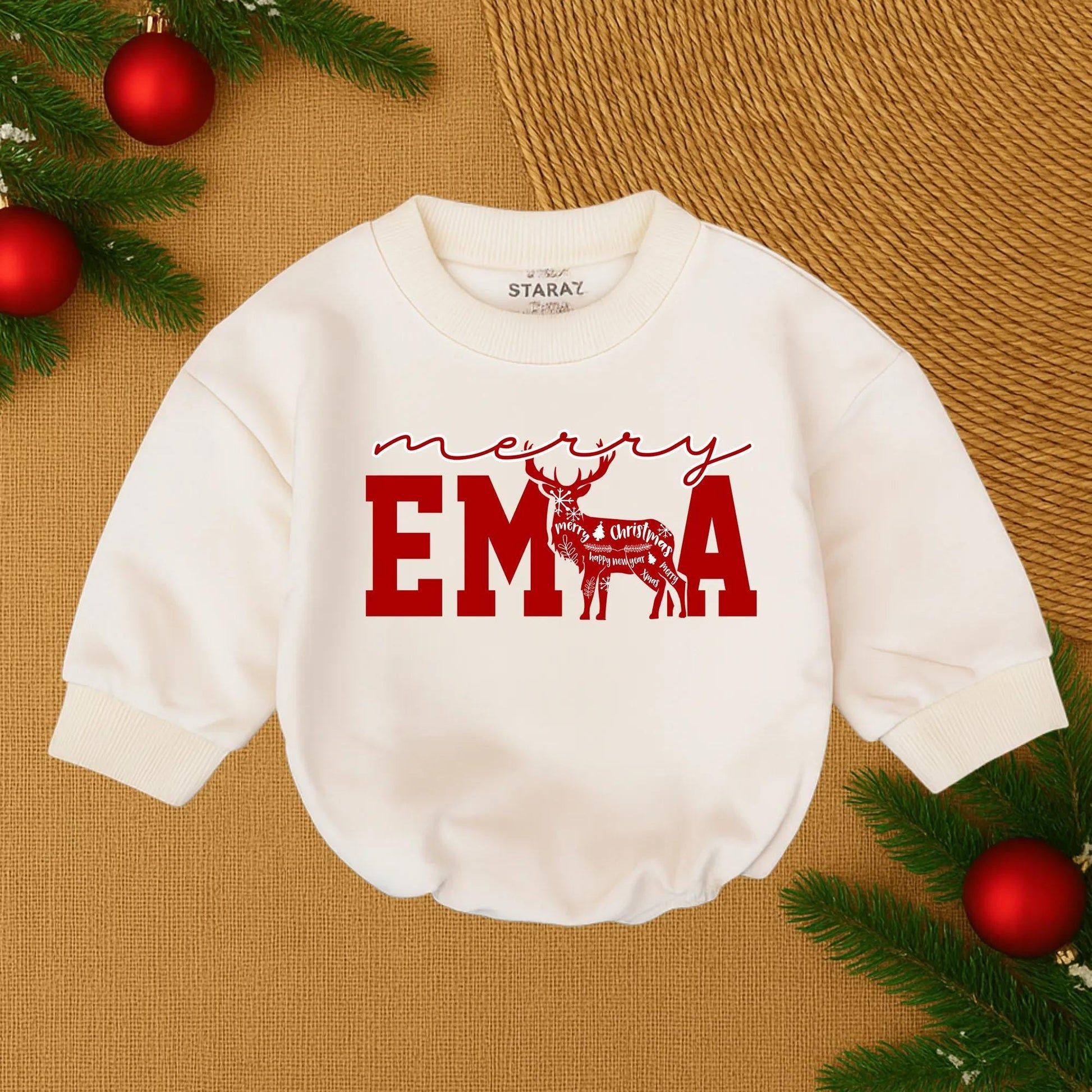Merry Christmas Baby Romper Red Collegiate Letters Reindeer Silhouette Custom Infant First Christmas Outfit Cozy Holiday Gift