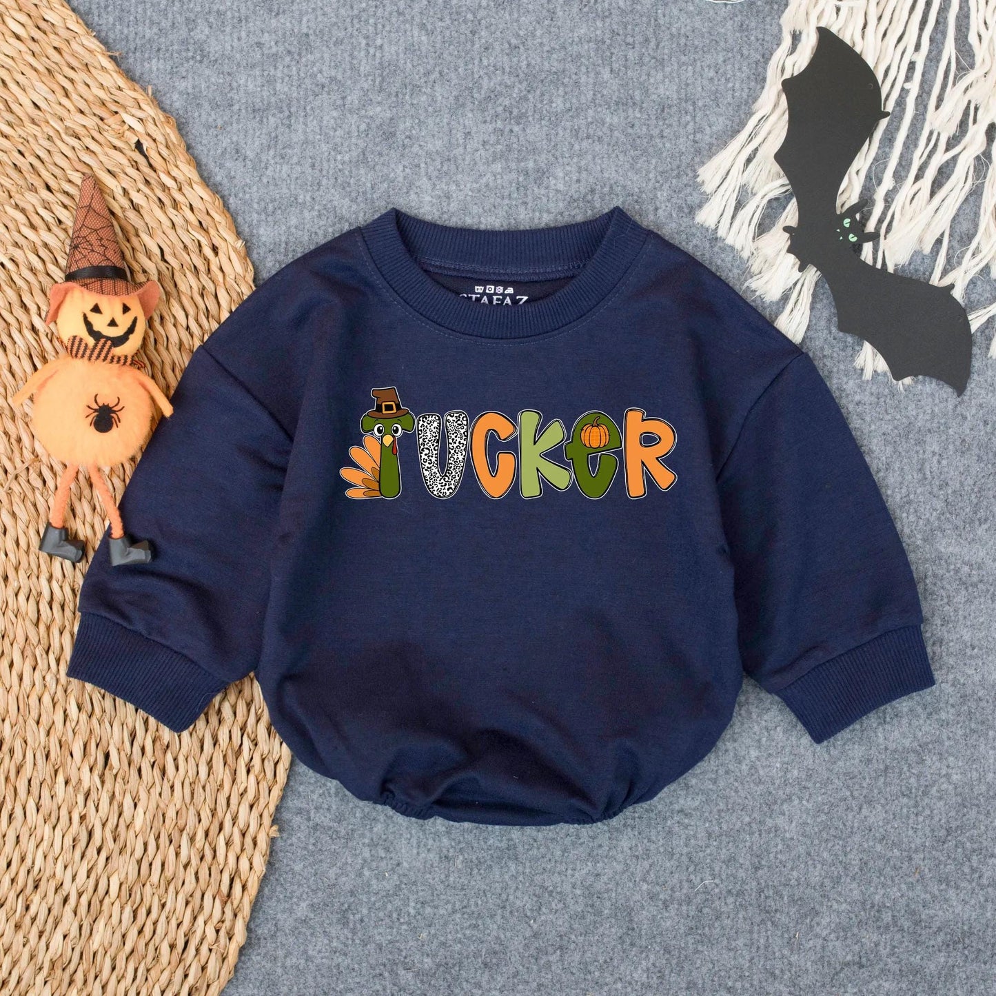 Customized Boys First Thanksgiving Bubble Romper Tucker Turkey Design, Infant Fall Bodysuit Colorful Pilgrim Hat Pumpkin Animal Print