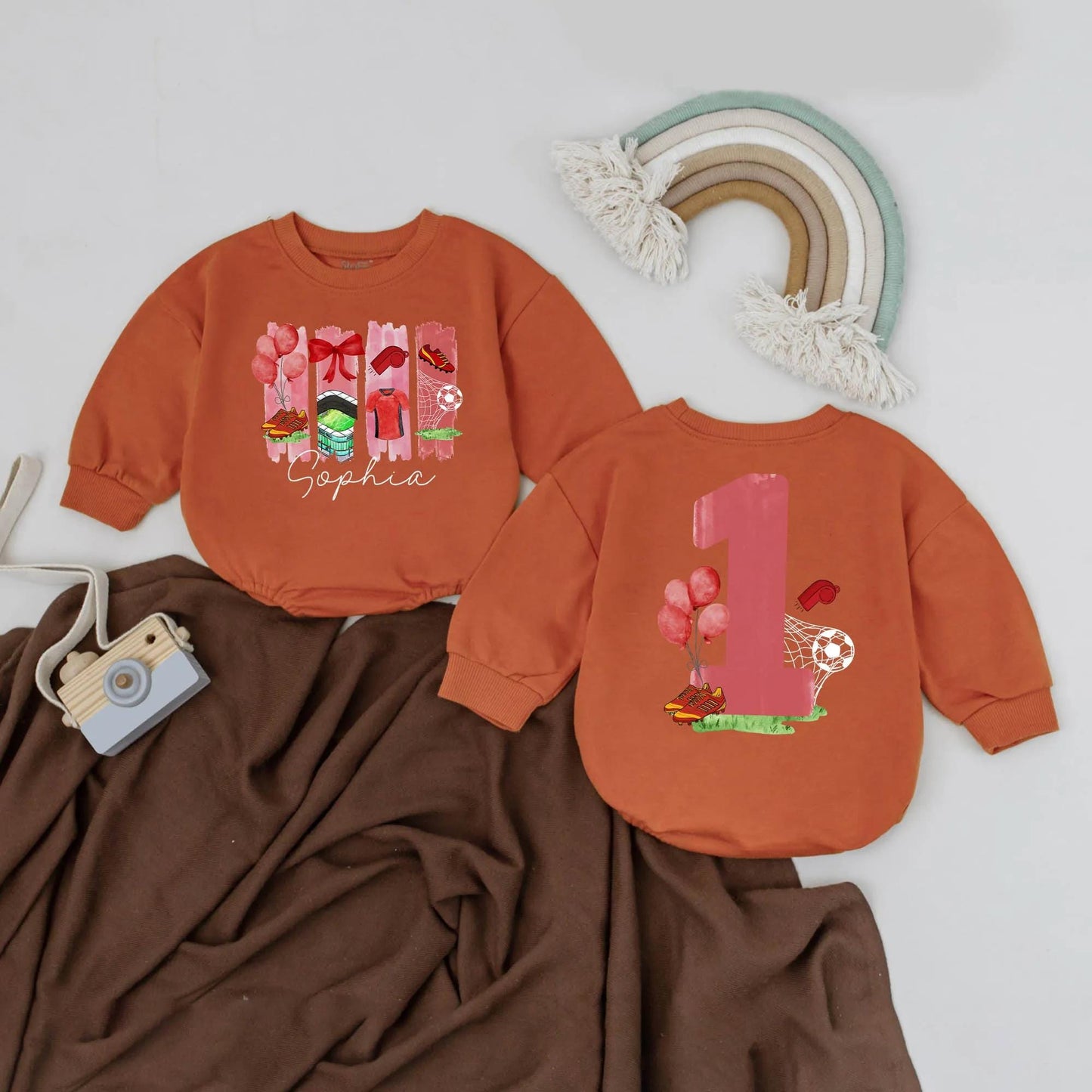 Sophia's Soccer Bow Bubble Romper Custom 1st Birthday Outfit Baby Girls Game Day Sports Party Gift Red Balloons Stadium Jersey