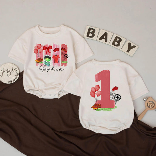 Sophia's Soccer Bow Bubble Romper Custom 1st Birthday Outfit Baby Girls Game Day Sports Party Gift Red Balloons Stadium Jersey