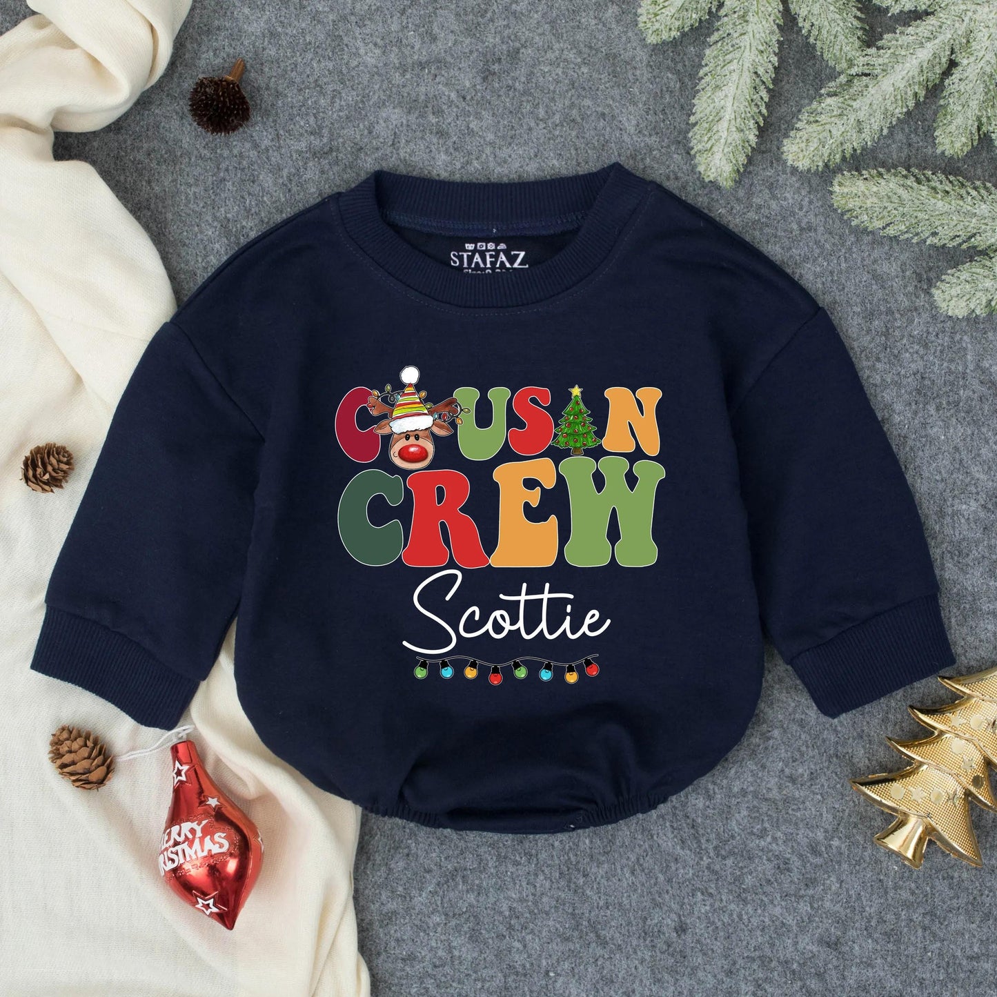 Matching Cousin Crew Christmas Romper Personalized Baby's First Christmas Outfit Cute Reindeer Design, Toddler Holiday Gift