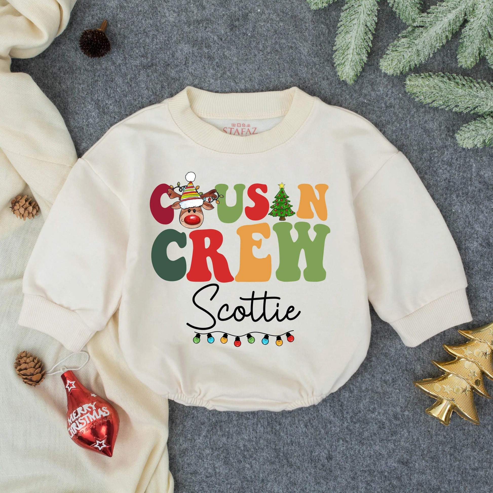 Matching Cousin Crew Christmas Romper Personalized Baby's First Christmas Outfit Cute Reindeer Design, Toddler Holiday Gift