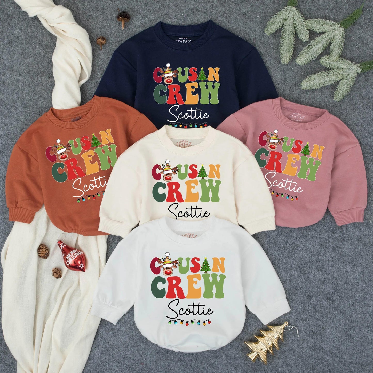 Matching Cousin Crew Christmas Romper Personalized Baby's First Christmas Outfit Cute Reindeer Design, Toddler Holiday Gift