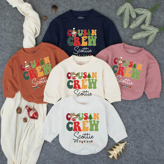 Matching Cousin Crew Christmas Romper Personalized Baby's First Christmas Outfit Cute Reindeer Design, Toddler Holiday Gift
