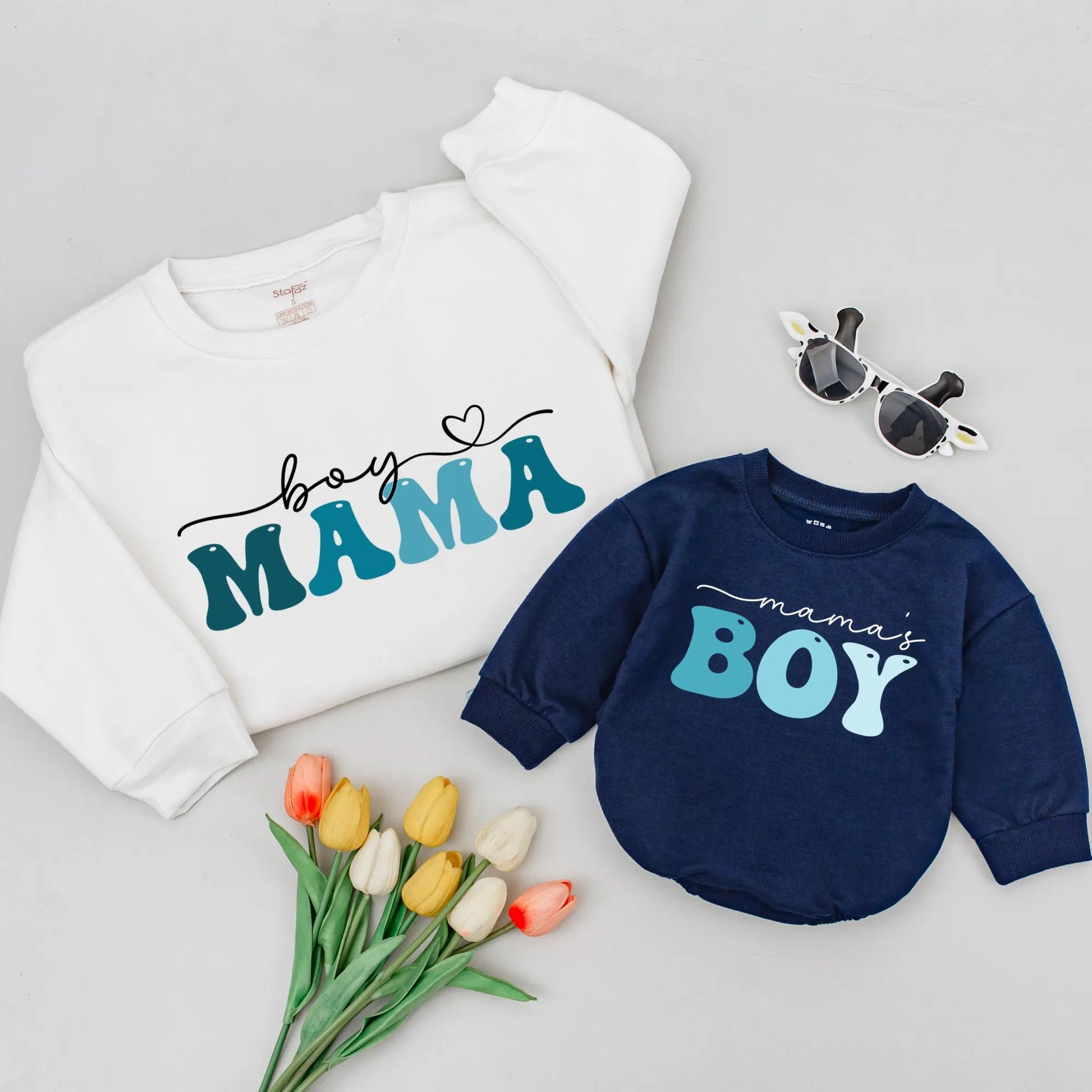 Mommy and Me Matching Boy Mama Sweatshirts Mama's Boy Teal Turquoise Heart Mother Son Outfit Playful Modern Mother's Day Gift