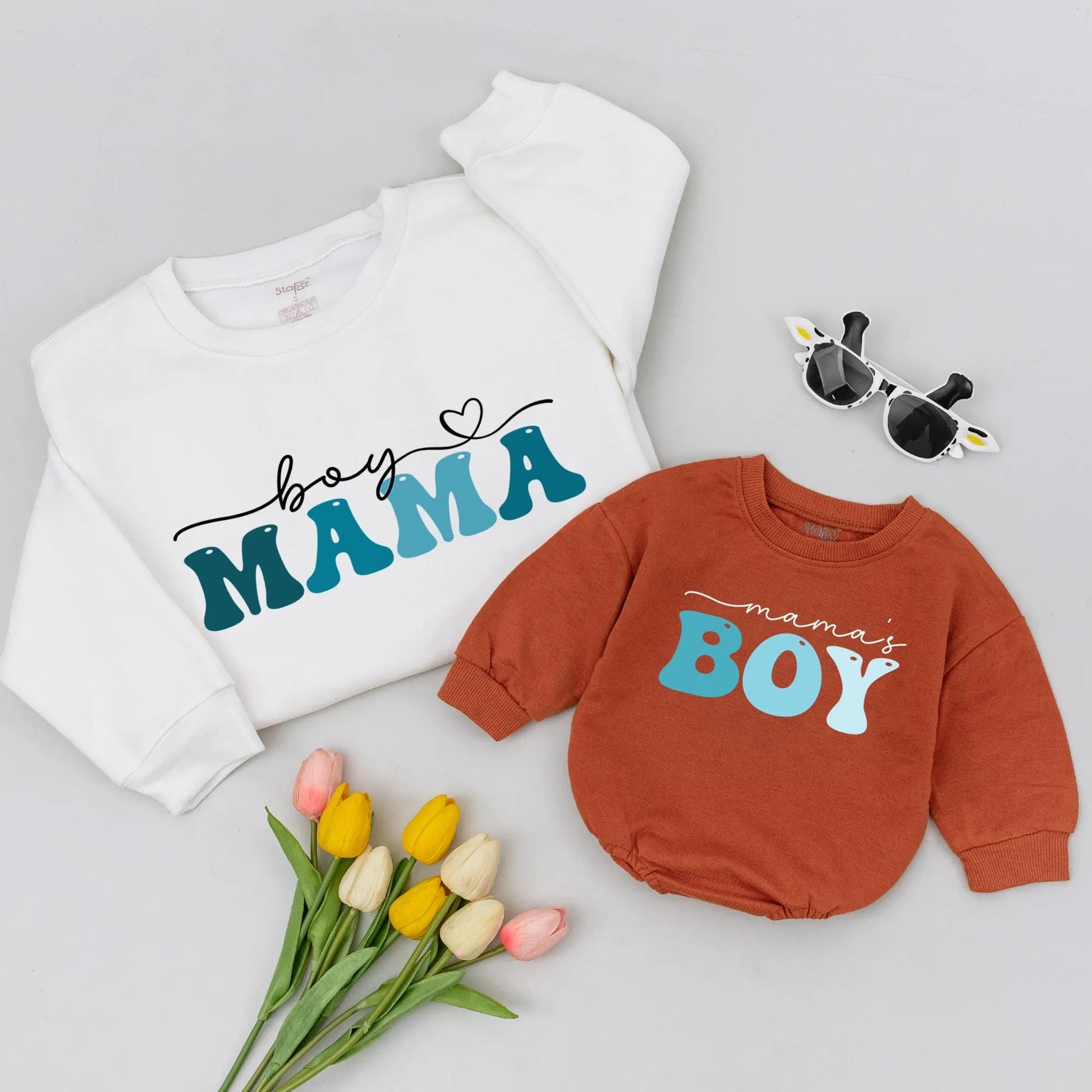 Mommy and Me Matching Boy Mama Sweatshirts Mama's Boy Teal Turquoise Heart Mother Son Outfit Playful Modern Mother's Day Gift