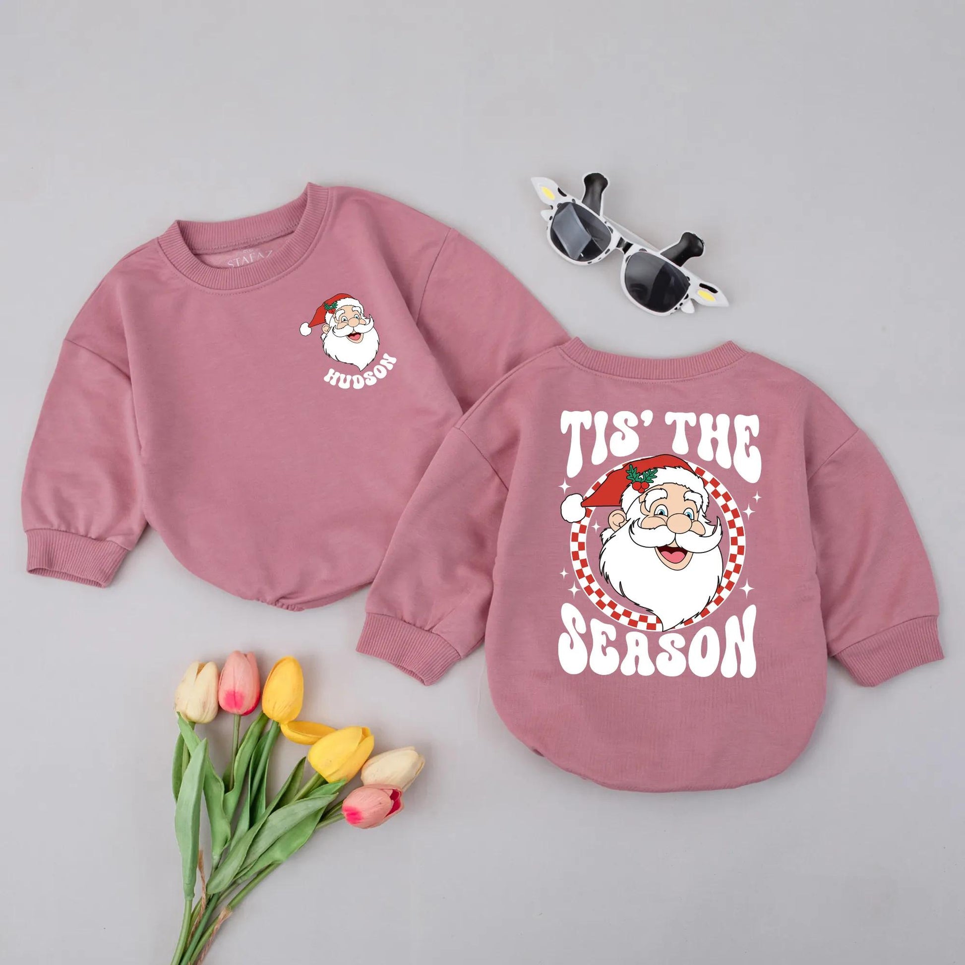 Personalized Retro Santa Romper: Tis The Season Baby Bodysuit, Custom Name 1st Xmas Outfit, Vintage Holiday Newborn Clothes, Cheerful Winter Gift (139 chars)