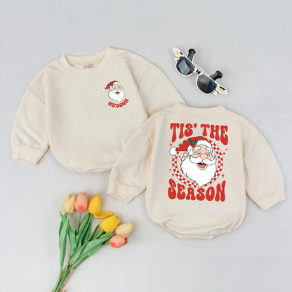 Personalized Retro Santa Romper: Tis The Season Baby Bodysuit, Custom Name 1st Xmas Outfit, Vintage Holiday Newborn Clothes, Cheerful Winter Gift (139 chars)