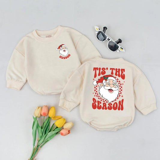 Personalized Retro Santa Romper: Tis The Season Baby Bodysuit, Custom Name 1st Xmas Outfit, Vintage Holiday Newborn Clothes, Cheerful Winter Gift (139 chars)
