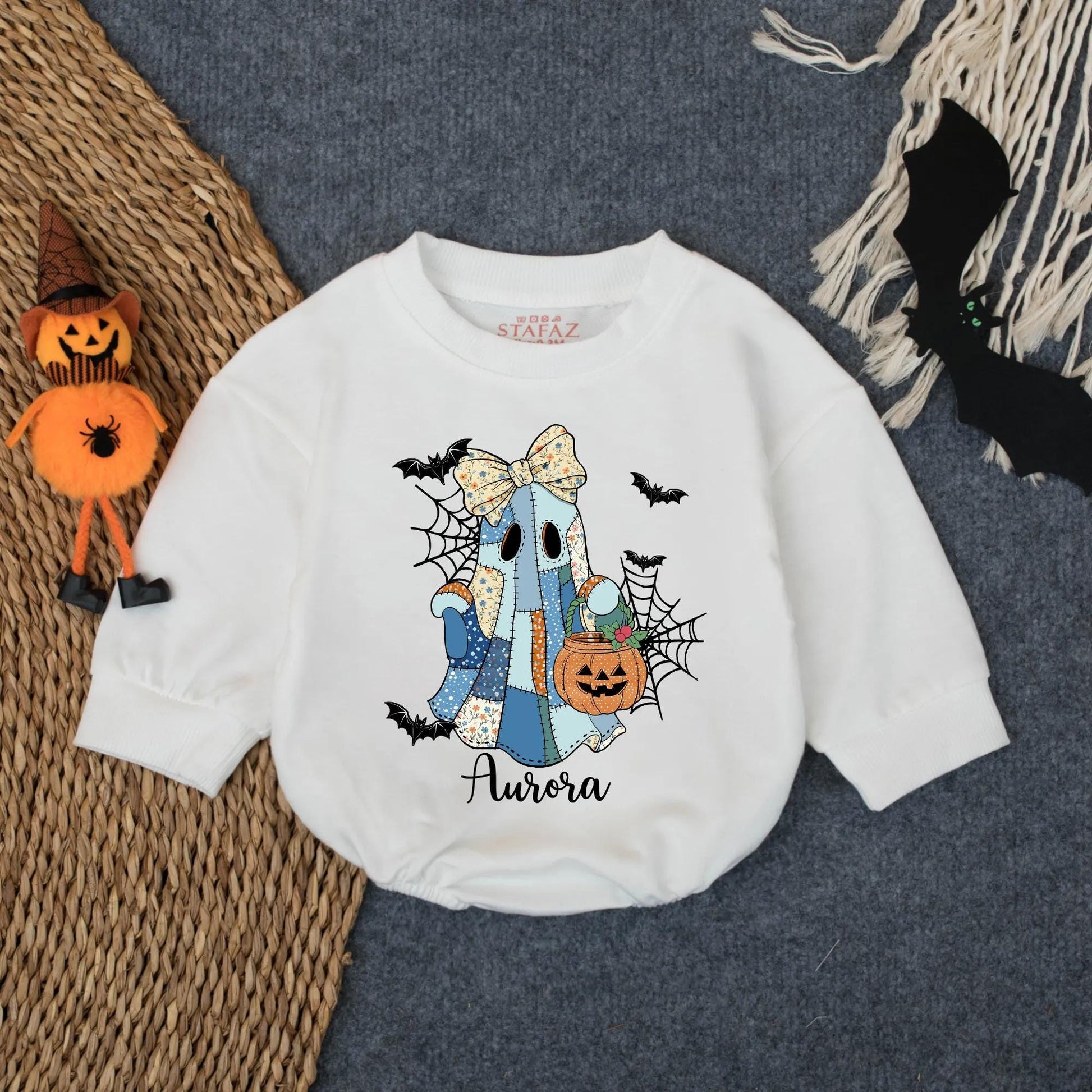 Customized Spooky Ghost Girl Romper Baby Girl First Halloween Outfit Aurora Pumpkin Floral Bow Baby Girl Clothes Infant Fall
