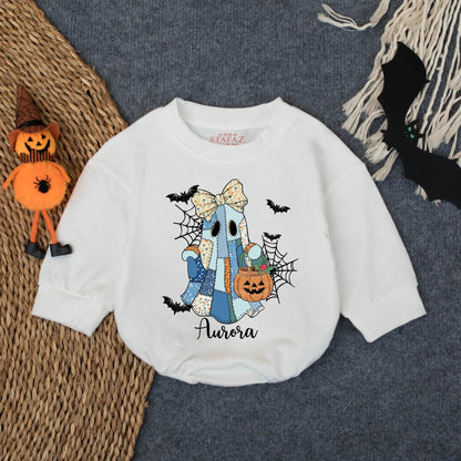 Customized Spooky Ghost Girl Romper Baby Girl First Halloween Outfit Aurora Pumpkin Floral Bow Baby Girl Clothes Infant Fall