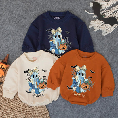 Customized Spooky Ghost Girl Romper Baby Girl First Halloween Outfit Aurora Pumpkin Floral Bow Baby Girl Clothes Infant Fall